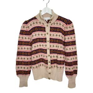 Edina Ronay England Tan, Red, Blue Fair Isle Hand Knit Wool Cardigan Sweater